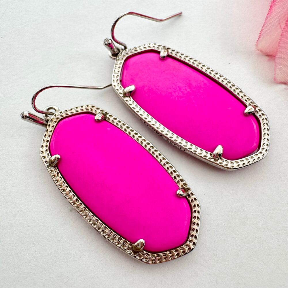 Kendra Scott Elle Hot Pink Earrings Silver Tone Designer Barbiecore Signed